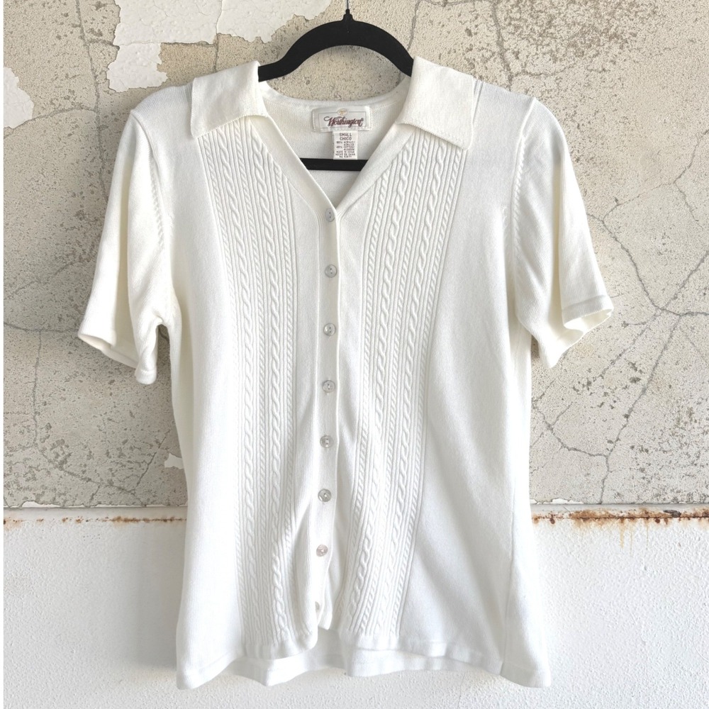 Vtg 90s Cardigan Sweater Short Sleeve Cable Knit Button Up Polo Top Minimalist S